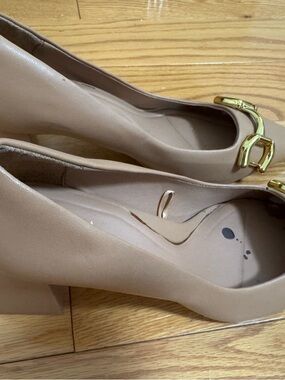 Zara Beige Block Heel Pumps with Gold Buckle